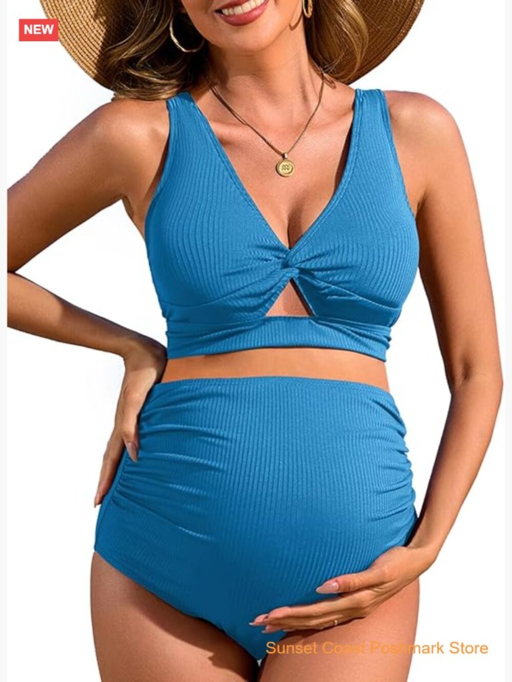 Maternity Bikini Set Ribbed High Waist Twist Cutout Front Two Piece Swimwear
